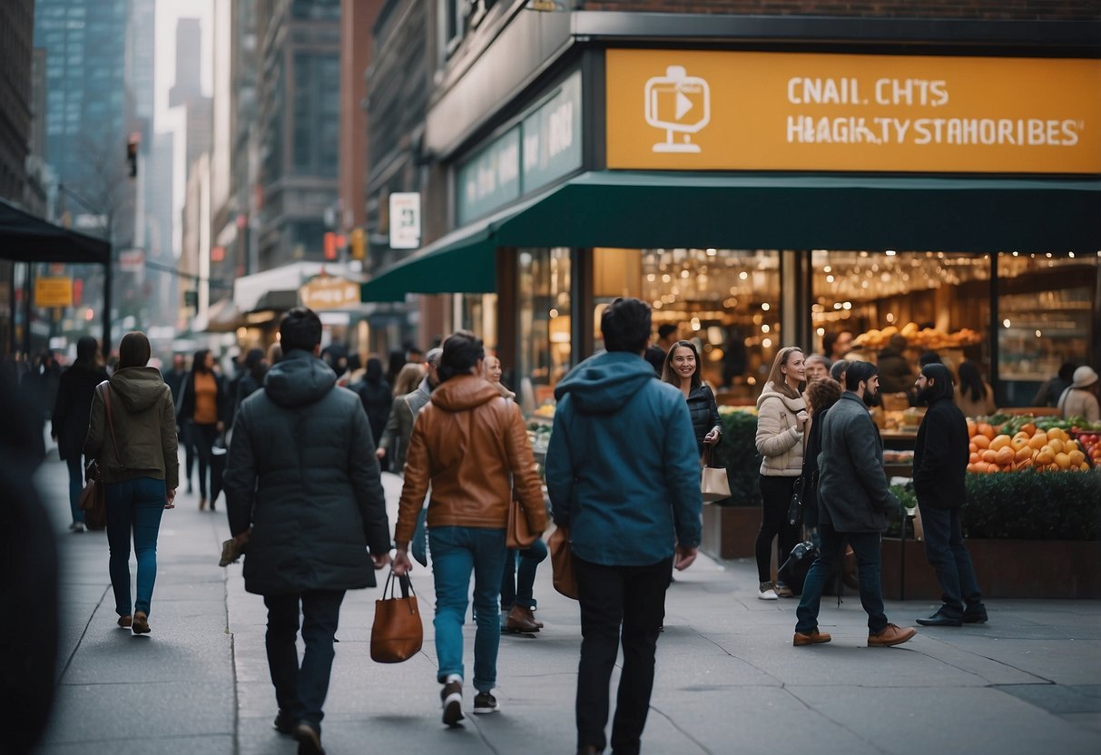 A bustling city street with vibrant storefronts, people interacting with digital displays, and local businesses collaborating on marketing strategies