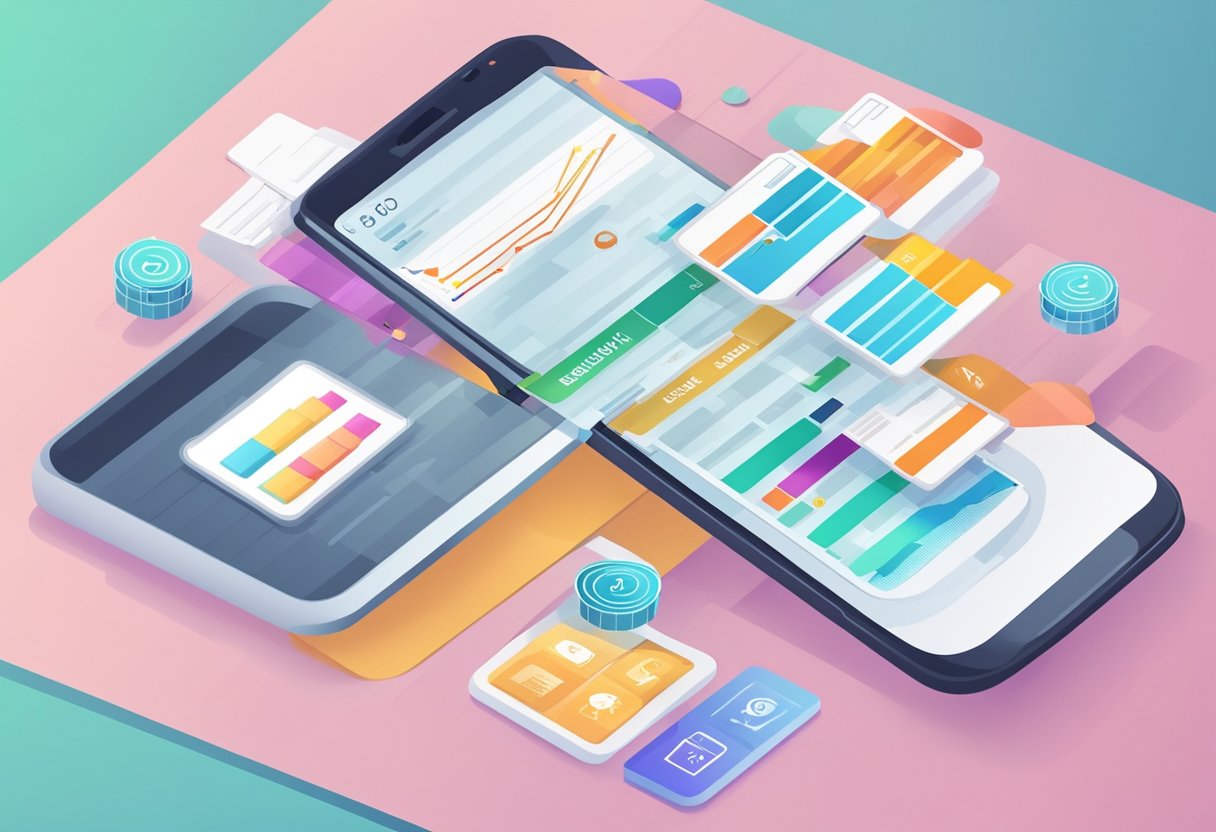 A smartphone displaying targeted SMS marketing campaigns with budget optimization strategies. Graphs and charts show successful campaign results