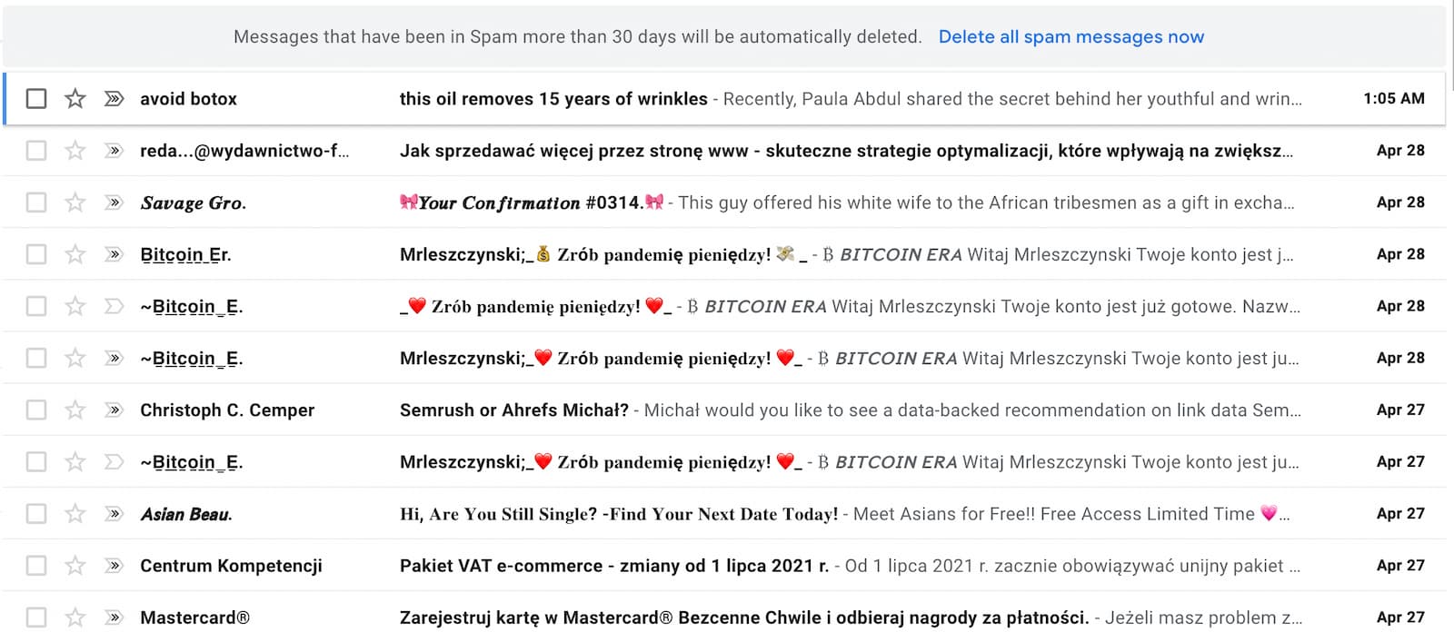 What the dreaded spam folder looks like for a Gmail user.