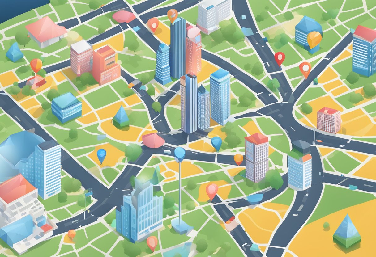 A digital map with location pins and targeted ads popping up around a city skyline