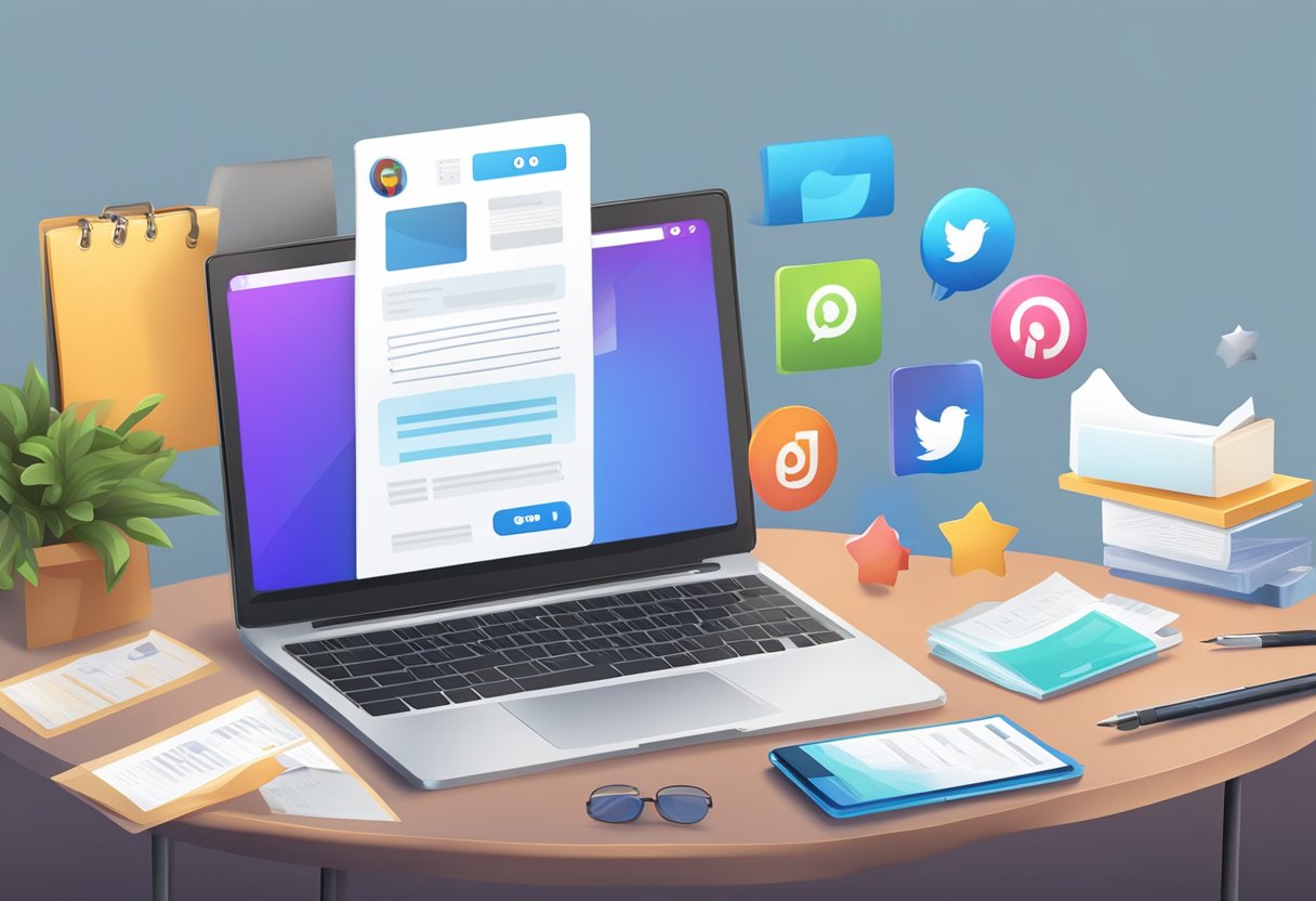 A laptop with social media icons open, a stack of entry forms, and a prize package on a table