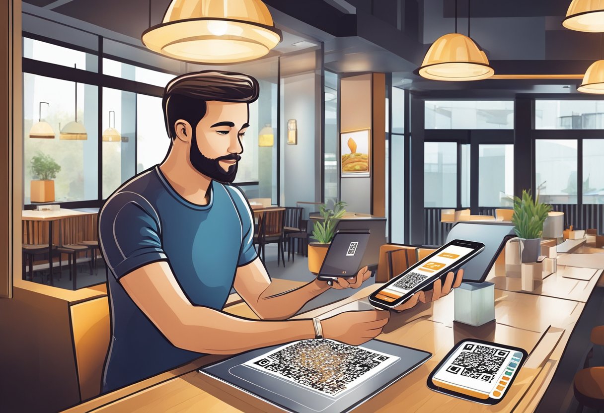 A customer scans a QR code on a restaurant table to access the digital menu and view promotional offers for a seamless checkout and payment process