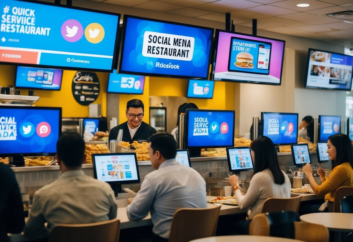A bustling quick service restaurant with social media ads displayed on digital screens, enticing customers to take action