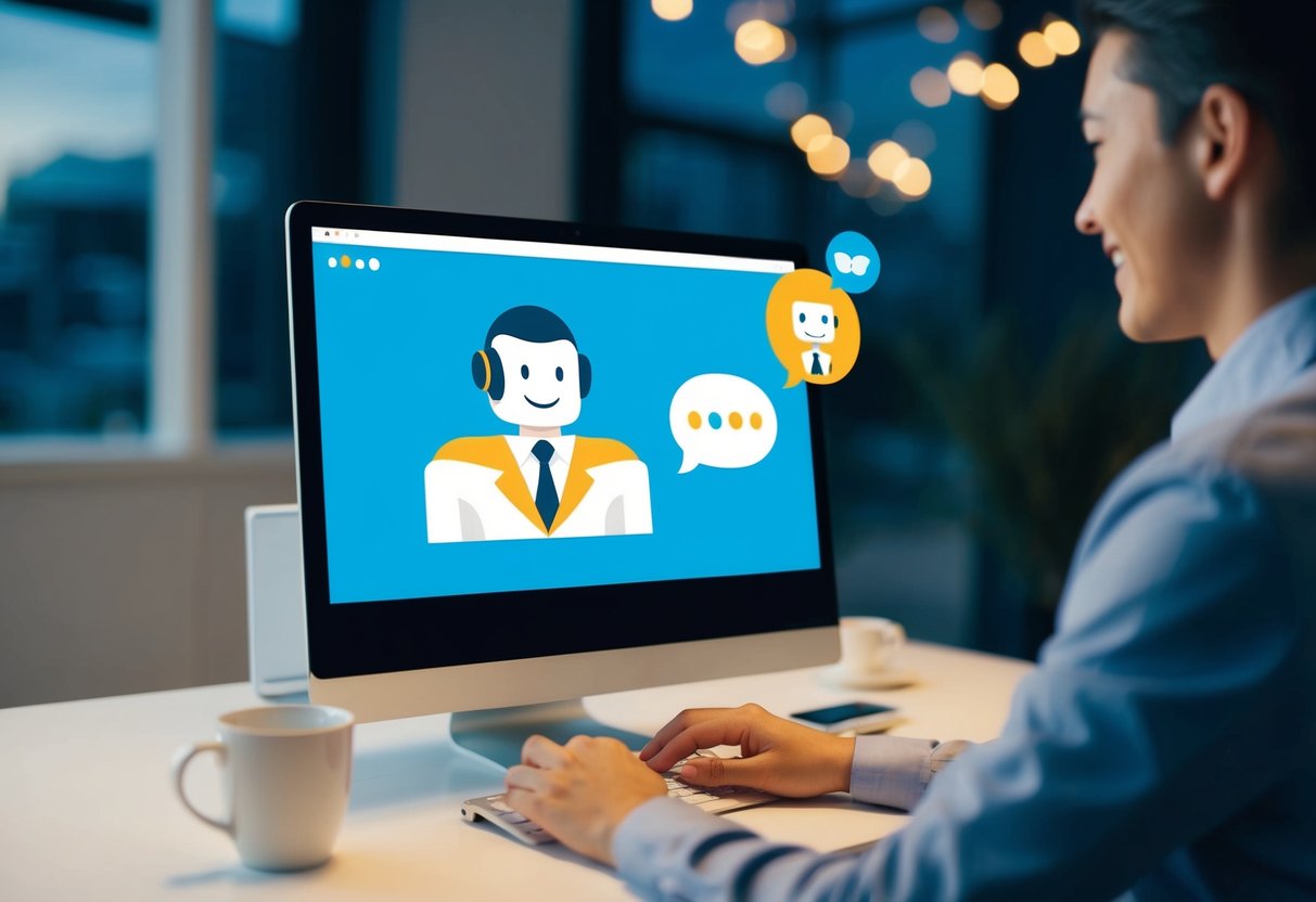 A customer service chatbot interacting with a customer on a computer screen, displaying a friendly and helpful demeanor