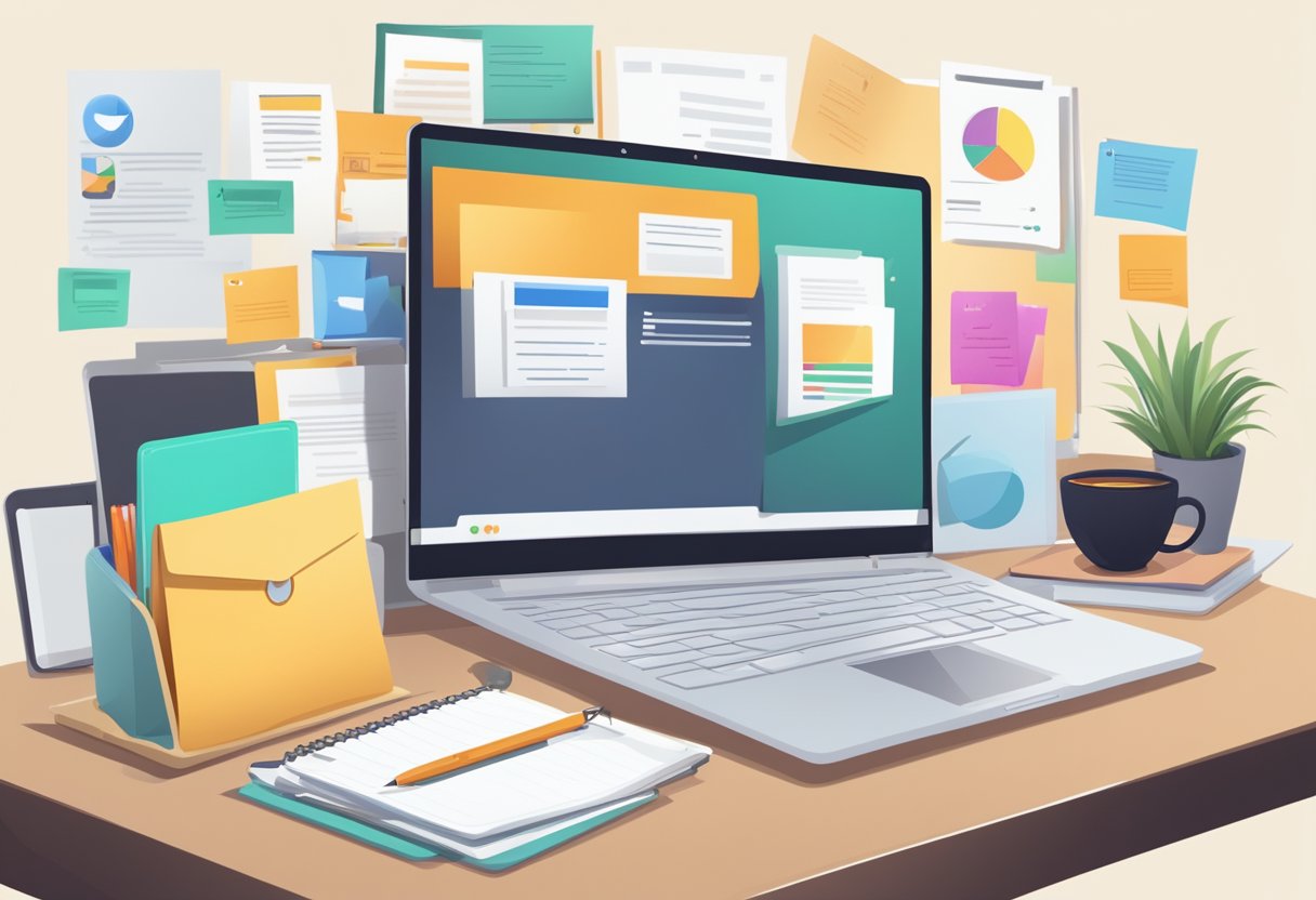 A desk with a computer, open browser with email marketing tools, and resources, a notebook with campaign ideas, and a cup of coffee