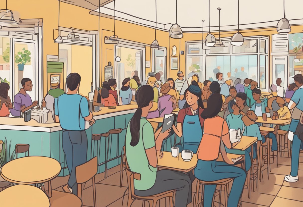 A bustling restaurant with a line out the door, customers eagerly leaving positive Google reviews on their phones while waiting to be seated