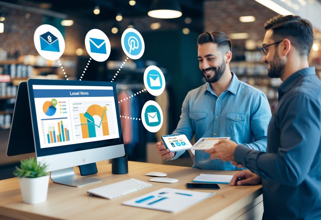A local store with various marketing channels: social media, email, and direct mail. A customer making a purchase while the store owner tracks ROI