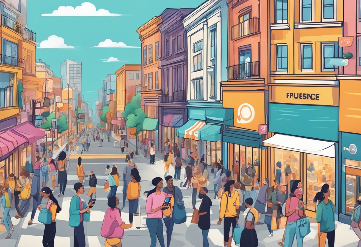 A bustling city street with vibrant storefronts and people engaging with social media on their phones. Influencers posting about the new franchise location, creating a buzz