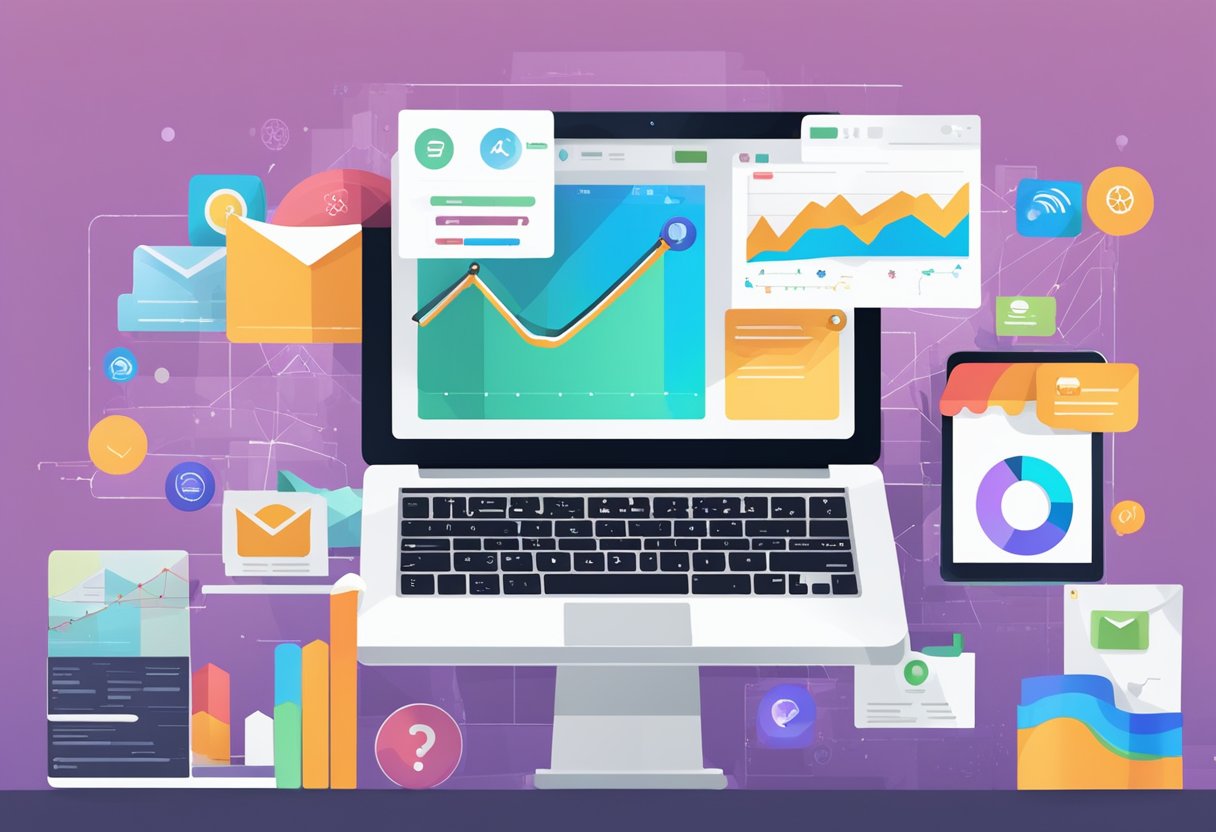 An open laptop displaying an email marketing dashboard with graphs and charts, surrounded by a variety of email marketing tools and software