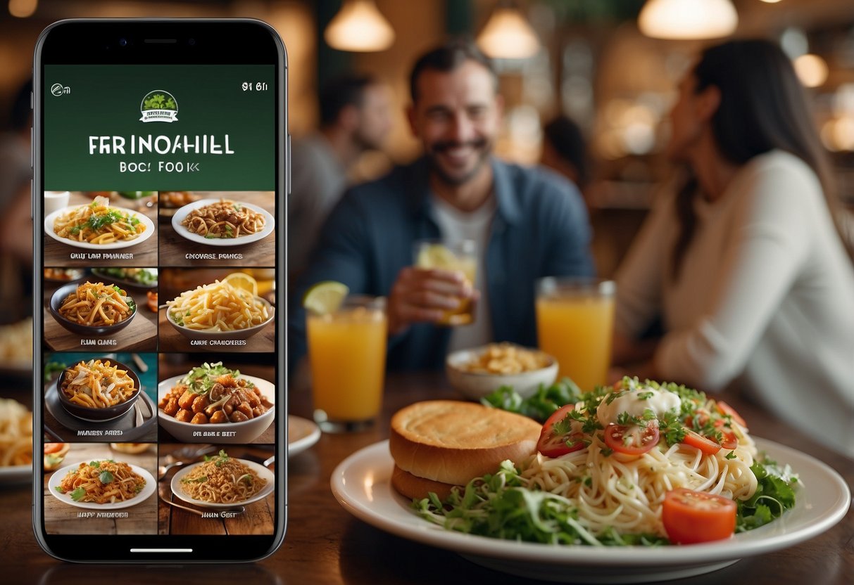 A bustling local food and beverage brand's logo prominently displayed on a loyalty program ad, surrounded by happy customers enjoying their favorite dishes and drinks