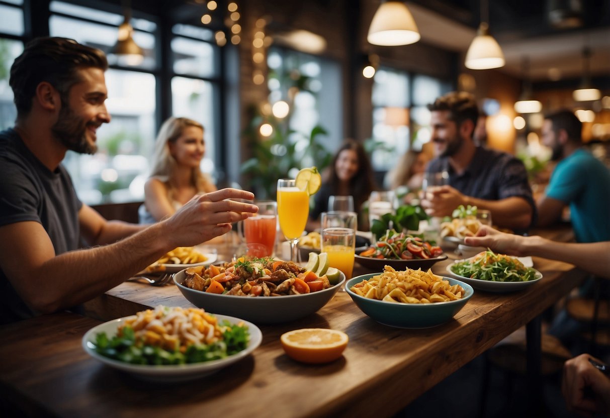 A bustling restaurant with colorful dishes and drinks being photographed for social media. Customers interacting with the brand online. Vibrant graphics and catchy captions on the restaurant's social media pages