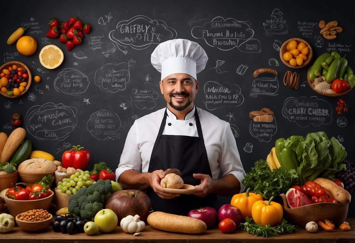 A chef's hat and apron surrounded by colorful food items, with a chalkboard displaying promotional offers and social media icons in the background