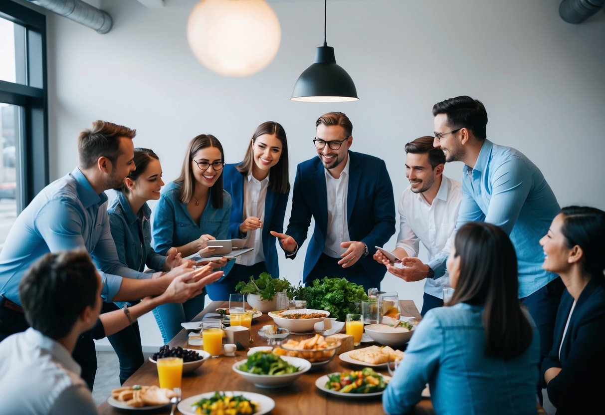 A group of bloggers and food critics gather around a table, exchanging ideas and brainstorming for a strategic marketing plan. A variety of food and drink items are spread out on the table for inspiration