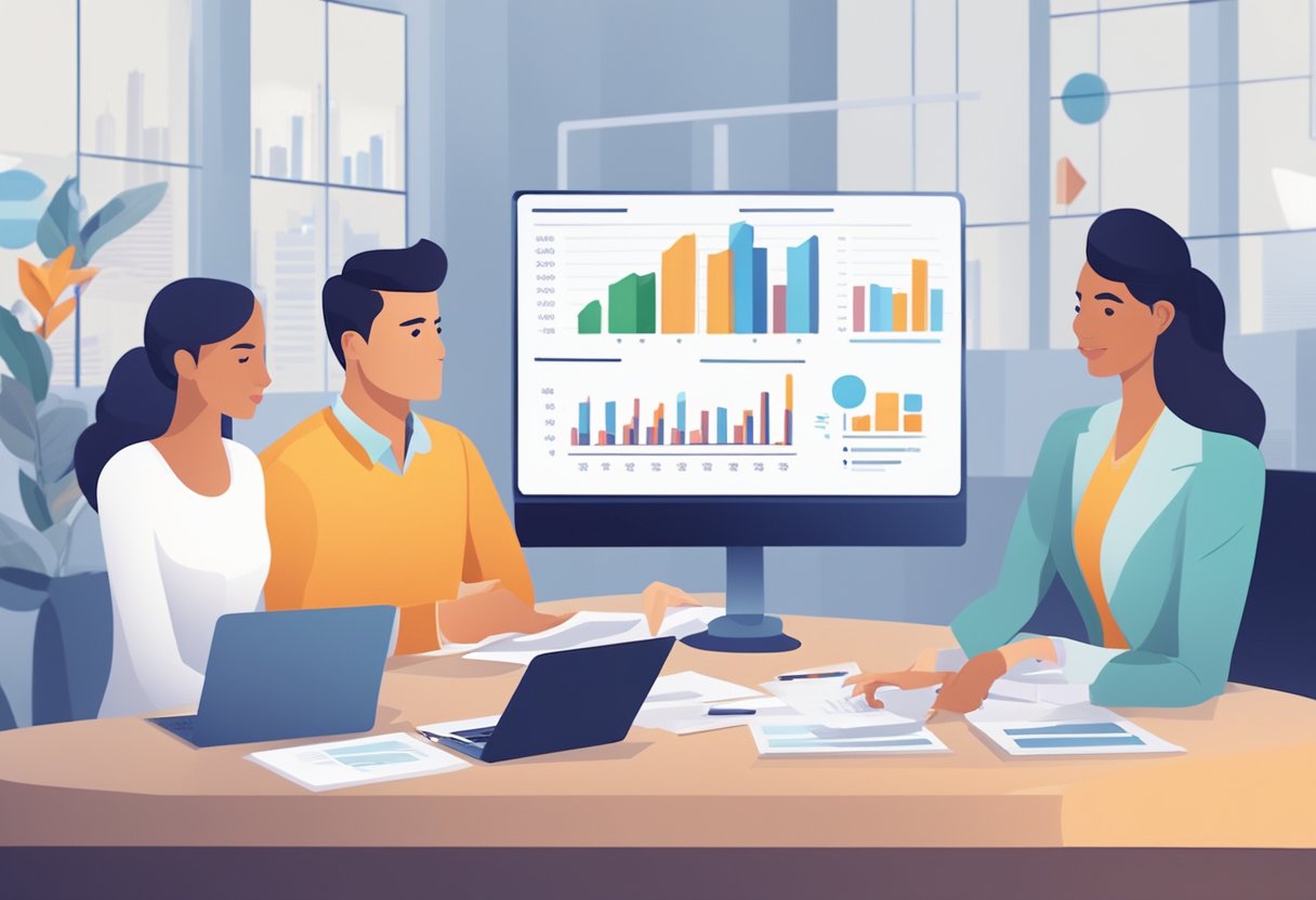 A group of franchise owners analyze financial data and discuss ROI with a digital agency. Charts and graphs display cost considerations