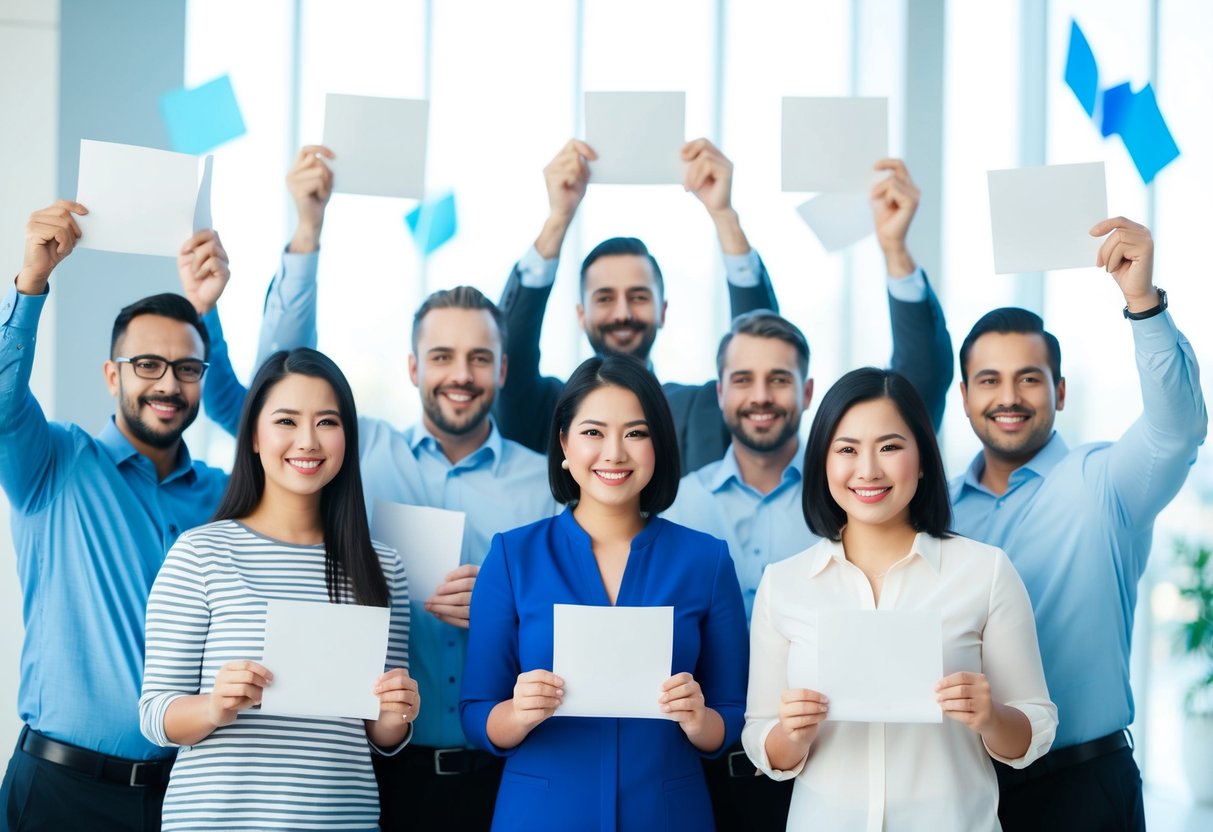 A group of satisfied customers giving high NPS scores, surrounded by positive feedback and loyalty rewards