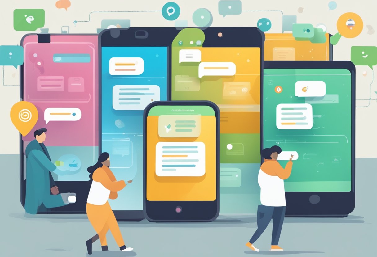 A smartphone screen displaying a series of engaging SMS messages with customers responding positively. The messages are personalized and targeted, leading to increased customer engagement
