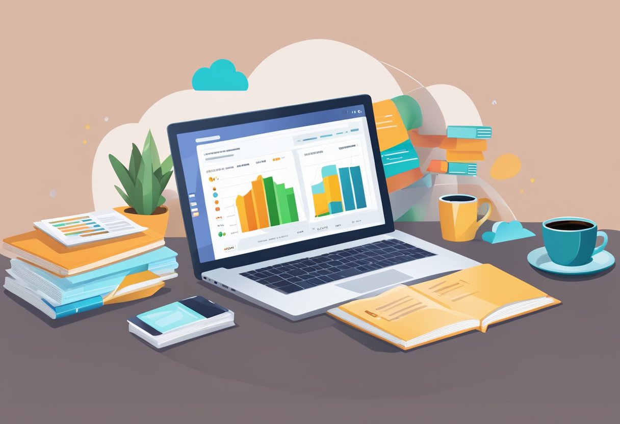 A laptop displaying an email marketing dashboard with graphs and statistics, surrounded by a stack of books on marketing strategies and a cup of coffee