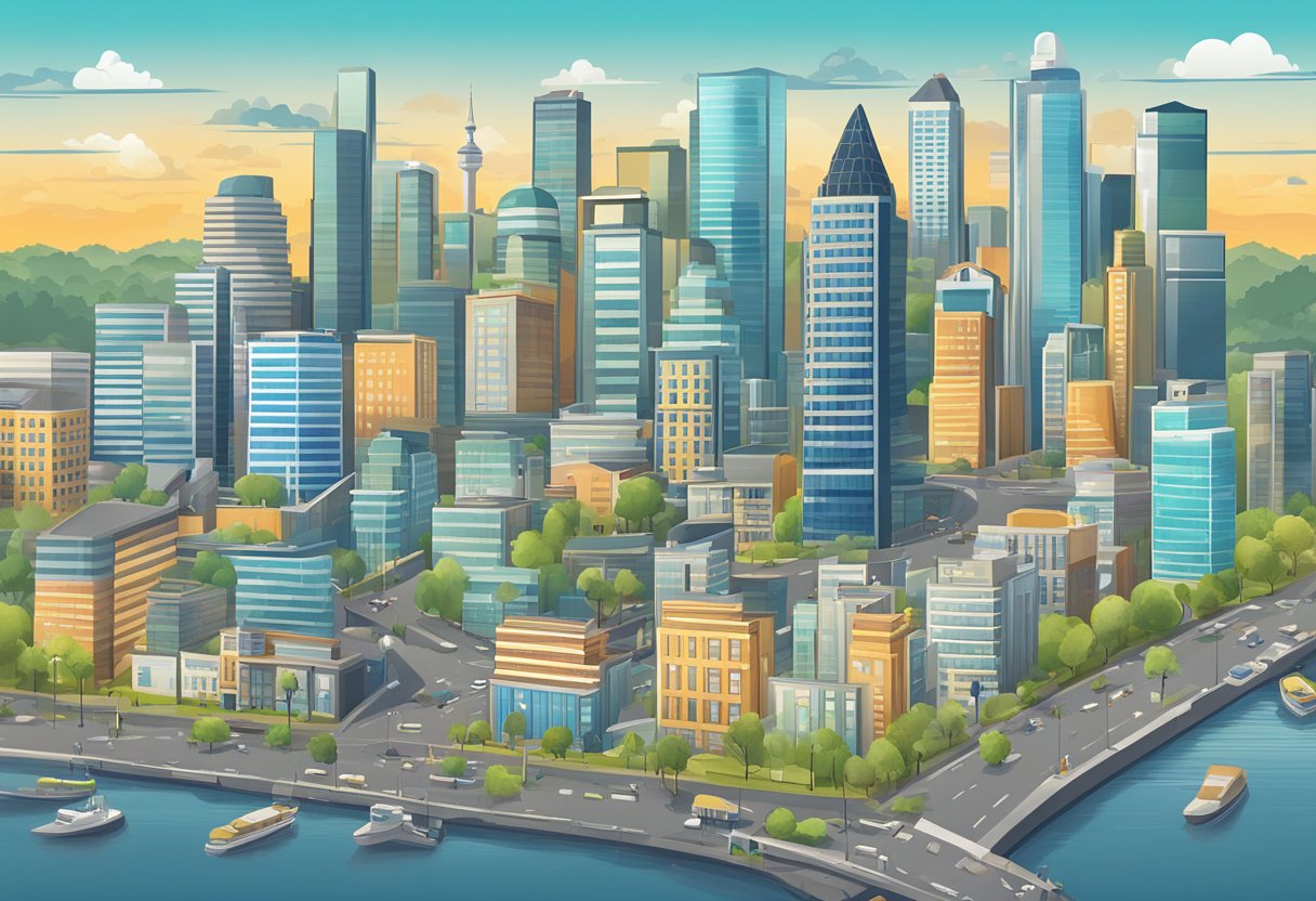 A city skyline with digital ads targeting specific locations, reaching local customers online