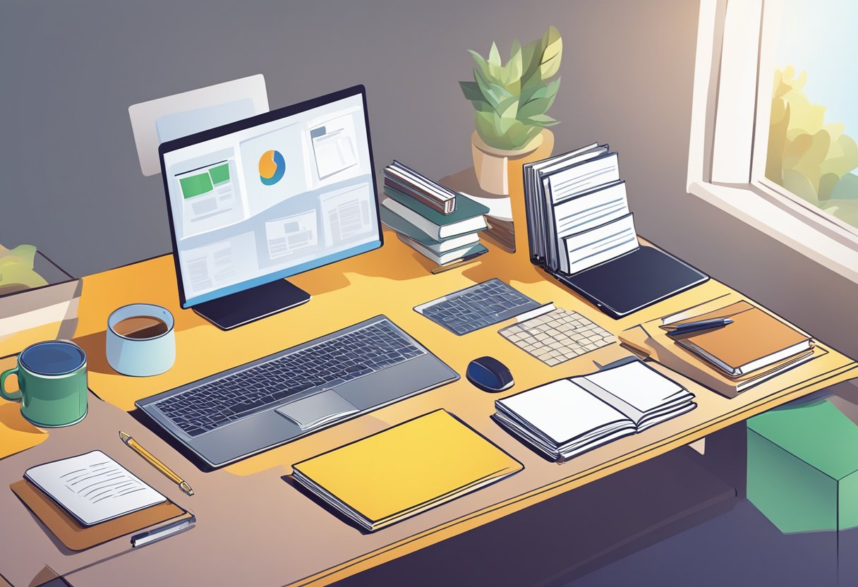 A clutter-free desk with a computer, notebook, and pen. A stack of marketing books in the background