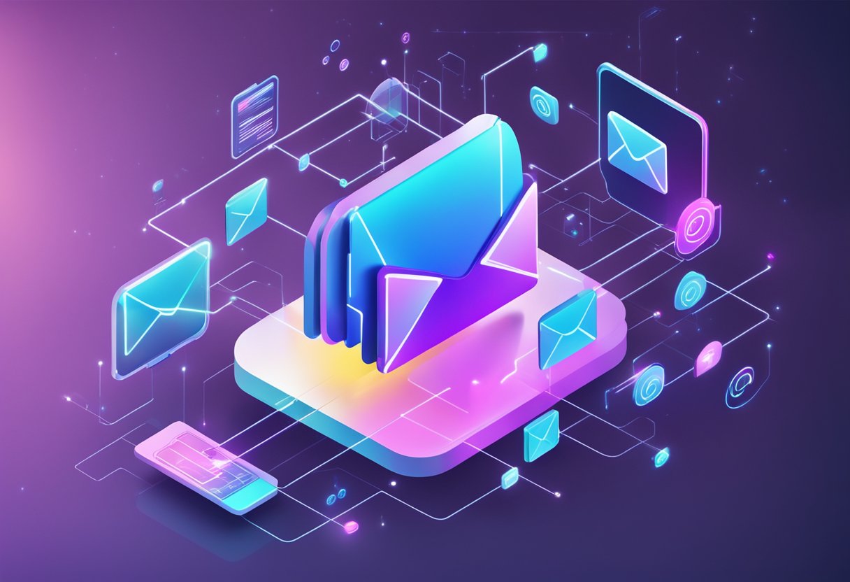A futuristic email marketing campaign with holographic emails floating in a virtual space, interconnected with data streams and analytics
