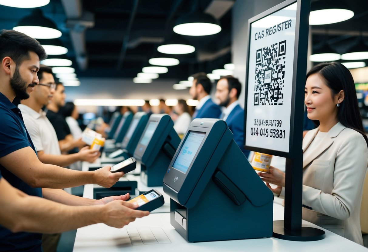 A cash register with a line of customers, each holding a product. A poster with a QR code and a phone number is displayed prominently