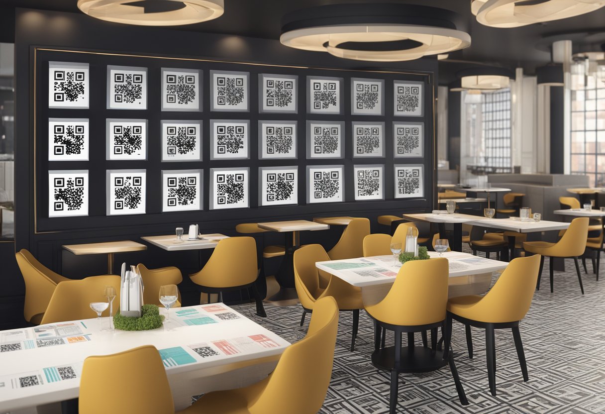 A restaurant table with a QR code menu displayed on a stand, surrounded by promotional QR codes on the walls and windows