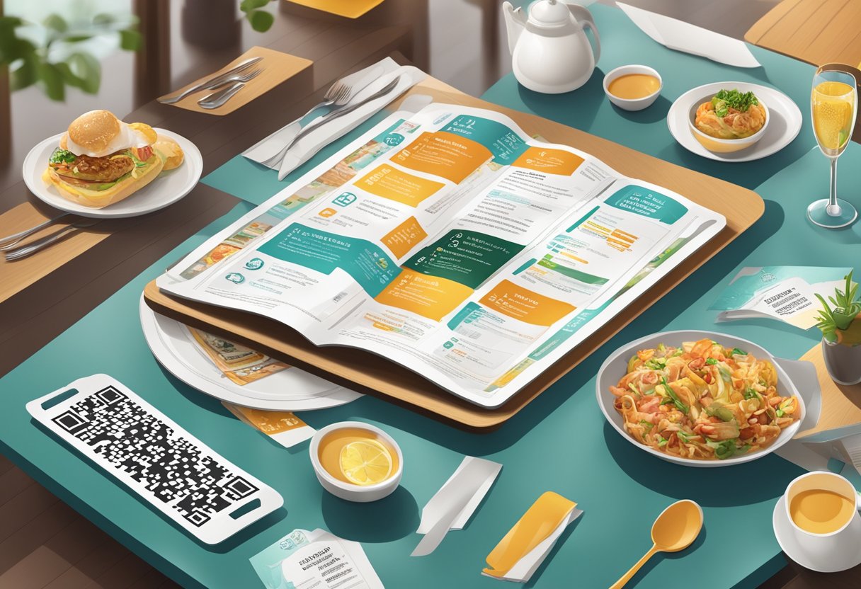 A restaurant table with a menu featuring a prominent QR code, surrounded by promotional materials and decor