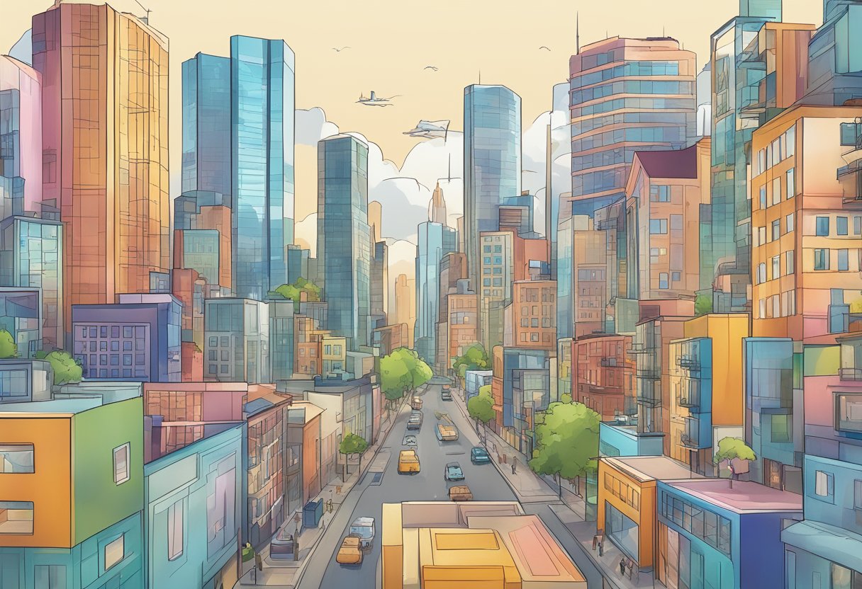 A city skyline with digital ads targeting specific neighborhoods