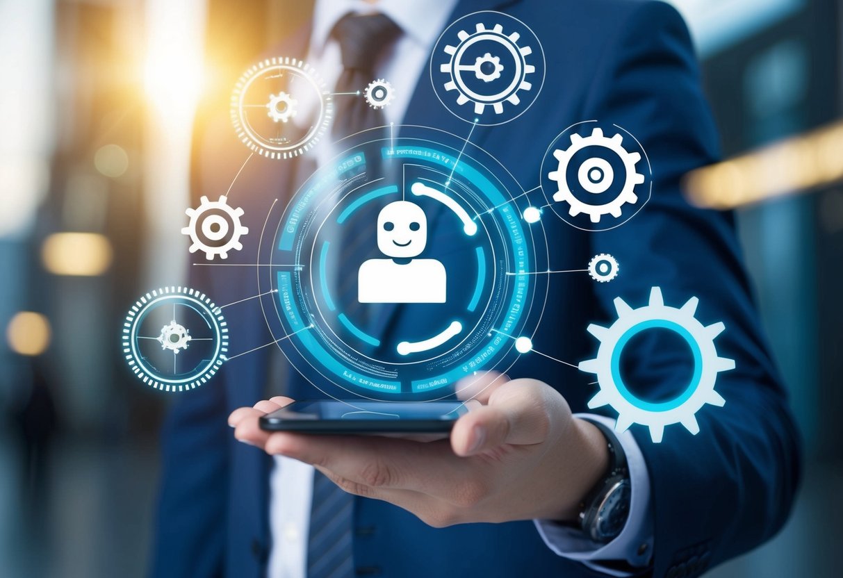 A chatbot seamlessly integrates with various systems, symbolized by interconnected gears and technology interfaces
