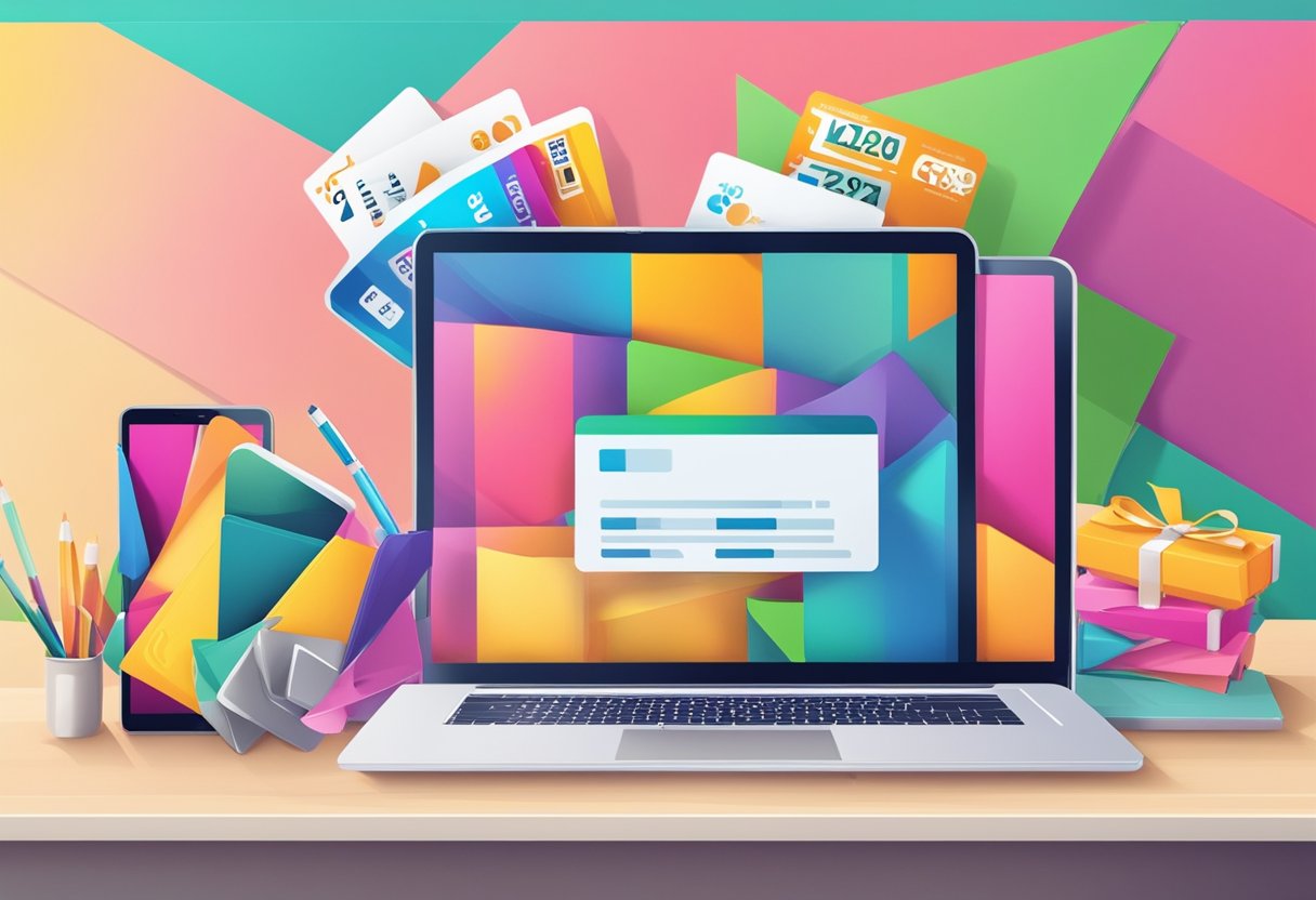 A laptop, smartphone, and tablet sit on a desk next to a stack of gift cards and a colorful banner with the words "Competition and Giveaway" on it