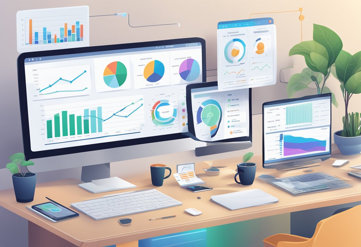 A computer screen displaying various digital marketing metrics and analytics charts