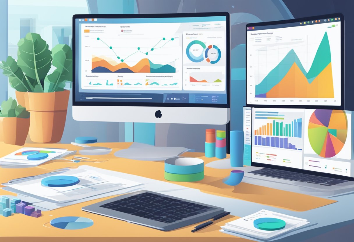 A computer screen displays various marketing reports and dashboards, with charts and graphs showing digital marketing performance analytics