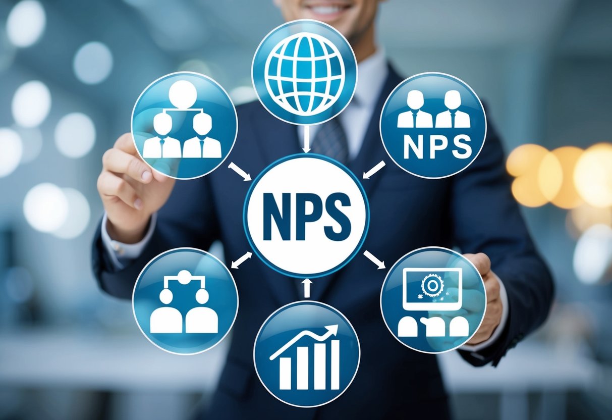 A diverse group of business spheres interconnected by a central NPS symbol, representing the application of NPS to build customer loyalty