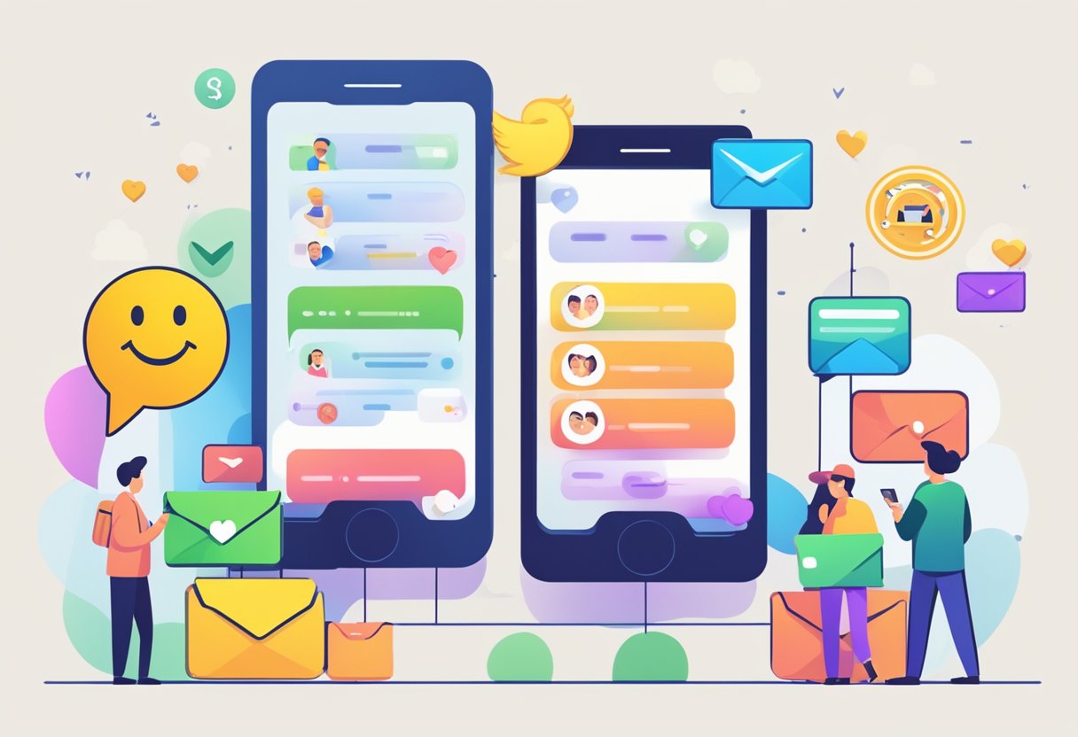 A smartphone displaying a series of personalized SMS messages being sent out to a list of subscribers, with a graph showing an increase in engagement and a happy emoji reaction from recipients