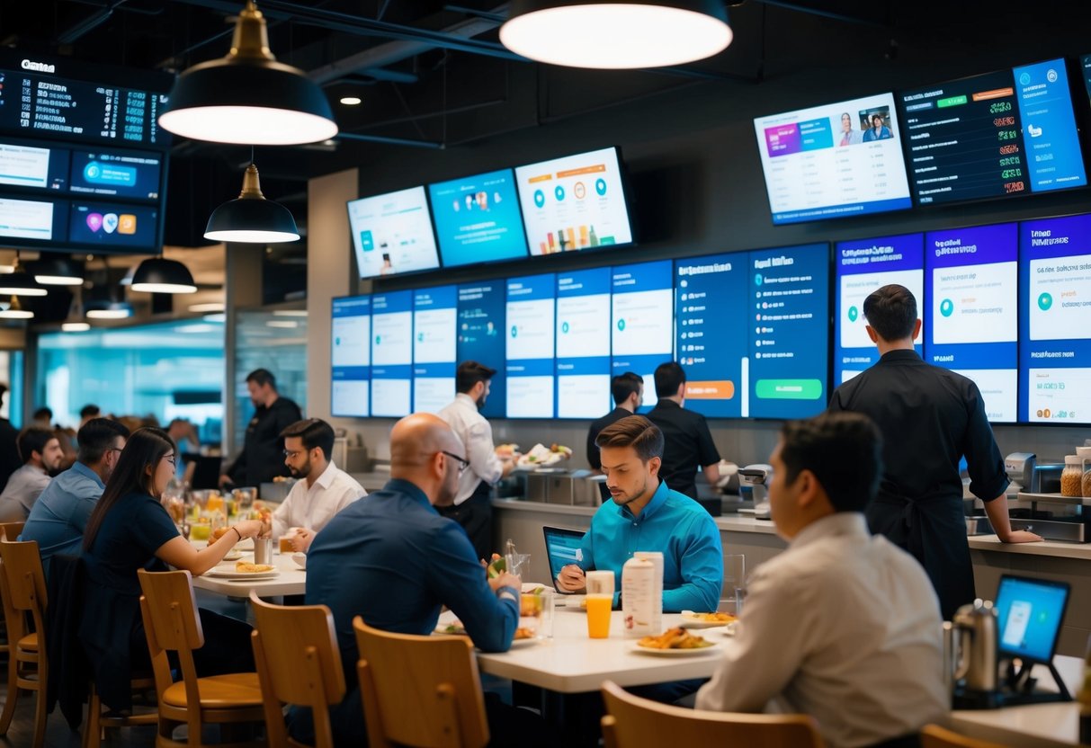 A bustling quick service restaurant with digital screens displaying analytics data and social media ads. Customers dine while staff monitor performance
