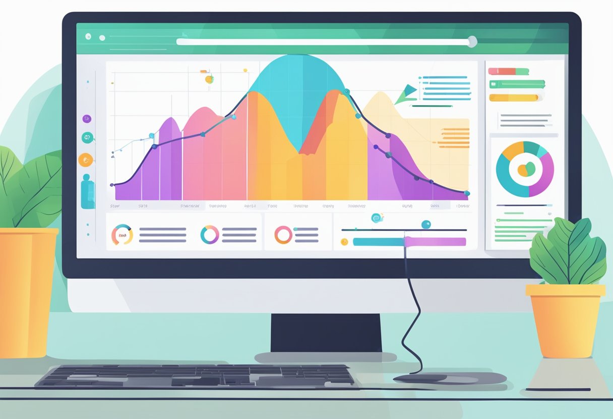 A computer with a split screen showing a direct response ad and a graph of increasing conversions