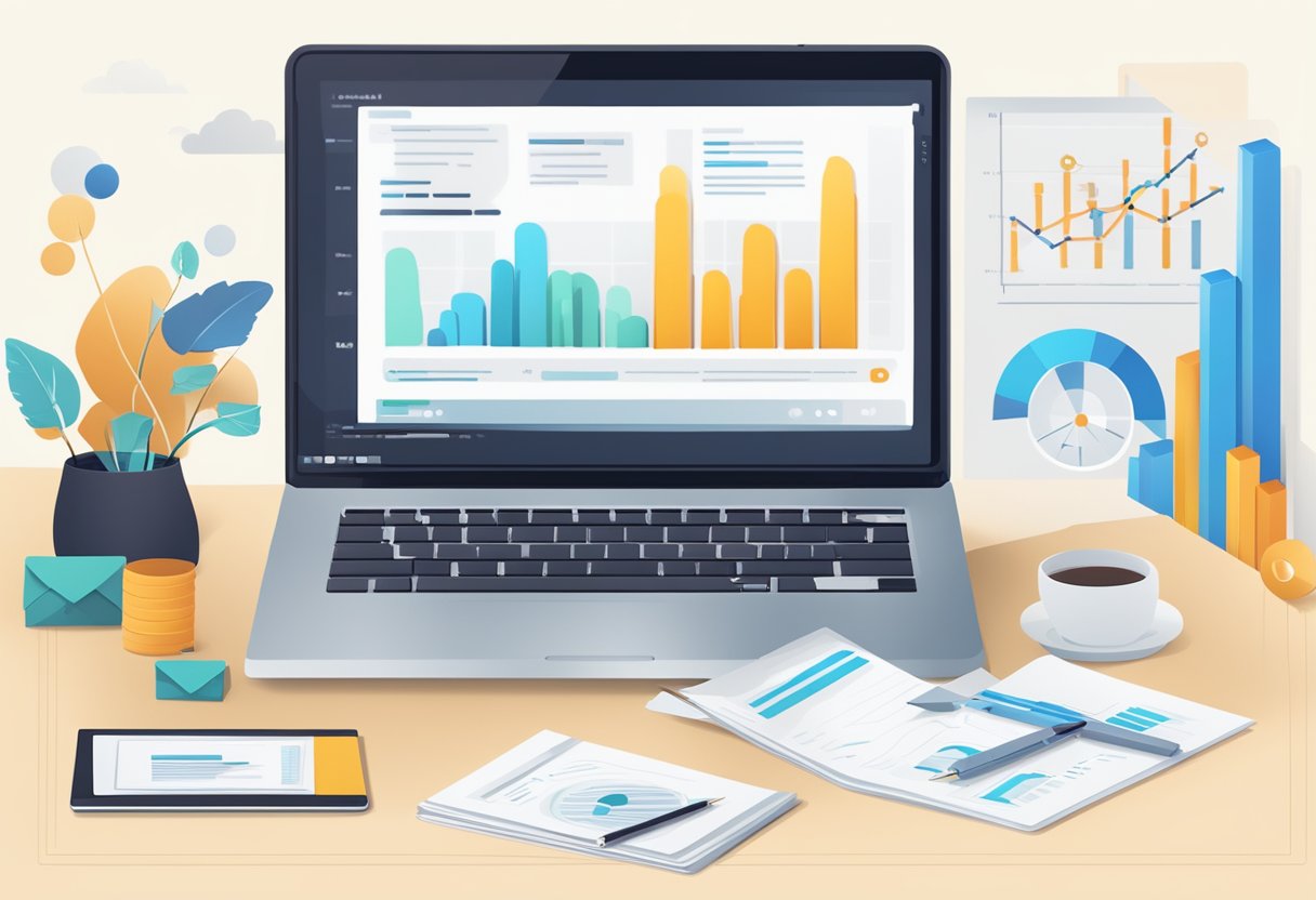 A laptop displaying a graph of email campaign performance, surrounded by charts, and marketing materials