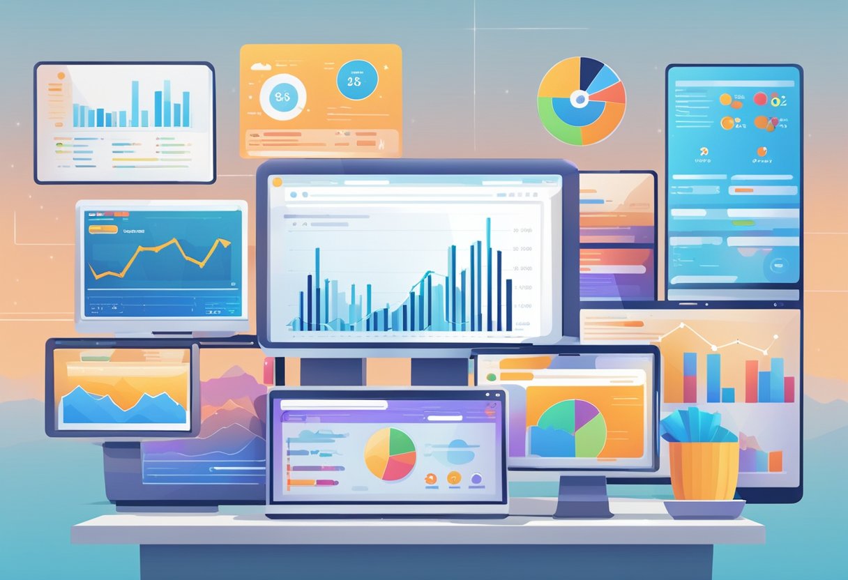 A computer screen displays a dashboard of web traffic and acquisition data, with charts and graphs showing digital marketing performance