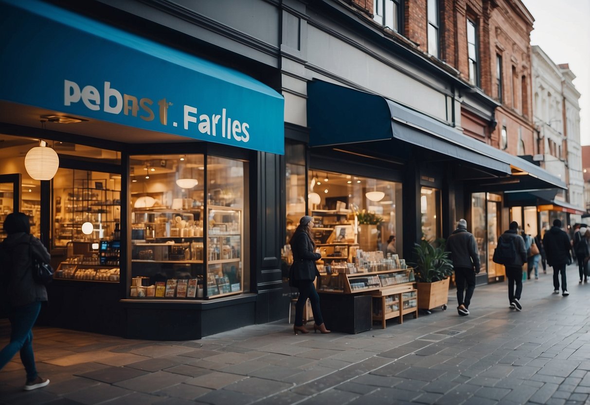 A bustling city street with a vibrant storefront, surrounded by diverse groups of people engaged in digital marketing activities. Vibrant colors and modern technology elements are prominently displayed