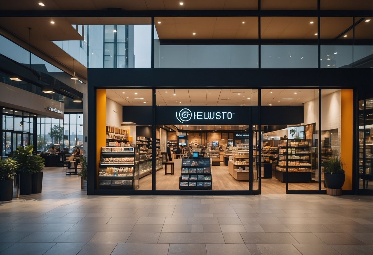 A vibrant digital marketing campaign with logos, banners, and social media ads promoting a new store opening. Excited customers engaging with promotions and offers
