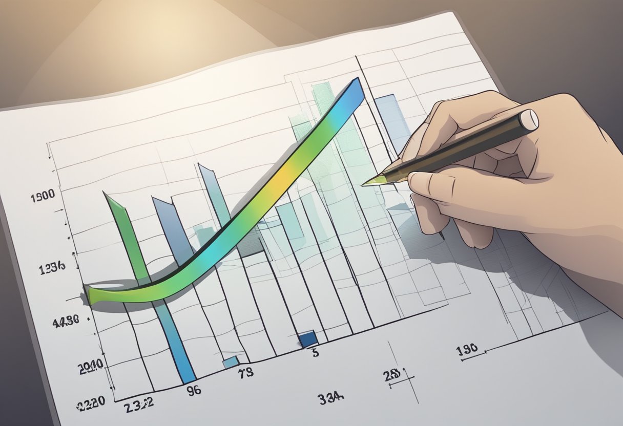 A hand holding a ruler measuring a graph with a upward trend