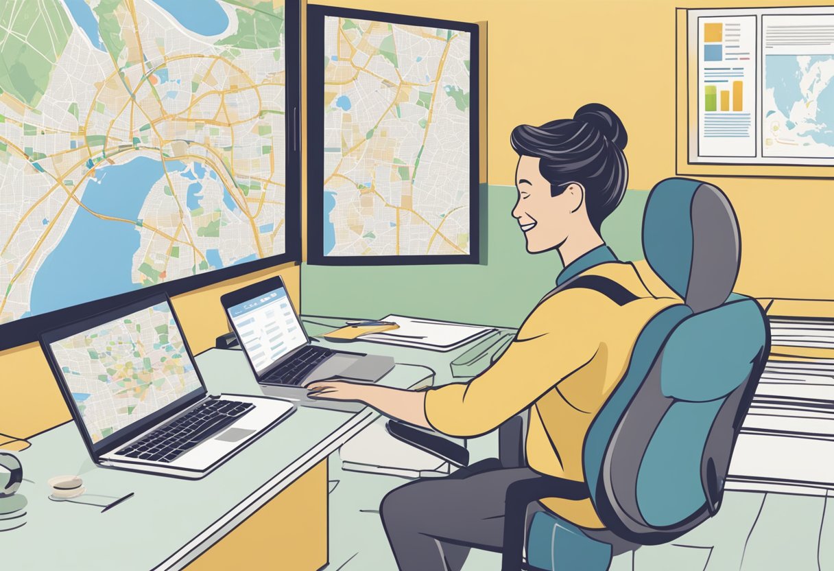 A small business owner sits at a computer, smiling as they see their ad reaching local customers online. A map of the area is displayed on the screen, with targeted ads popping up in various locations