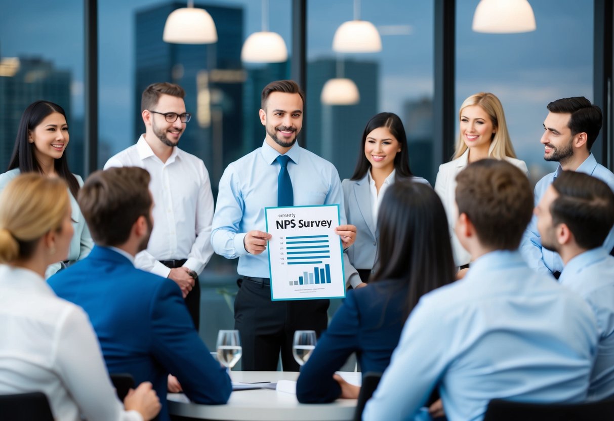 A customer service representative presenting NPS survey results to a group of engaged and attentive clients