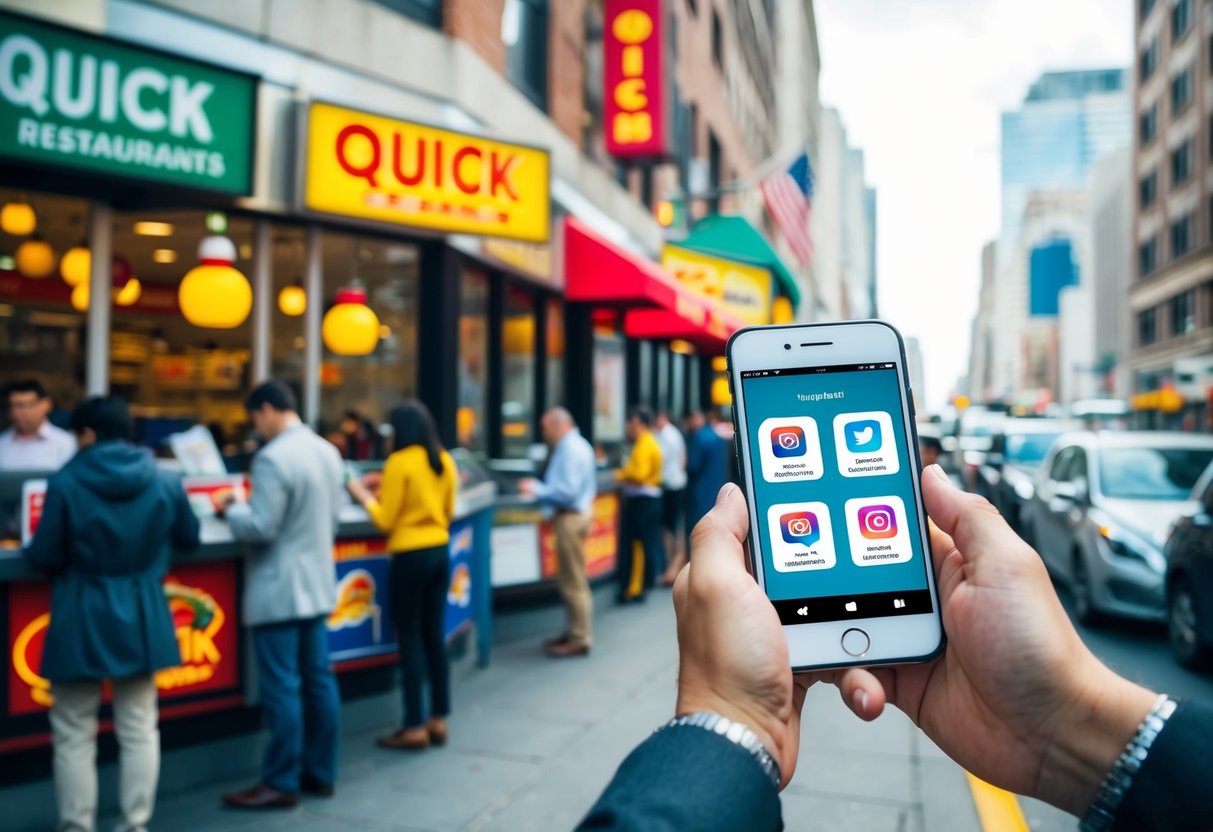 A bustling city street with various quick service restaurants, people interacting with social media ads on their smartphones