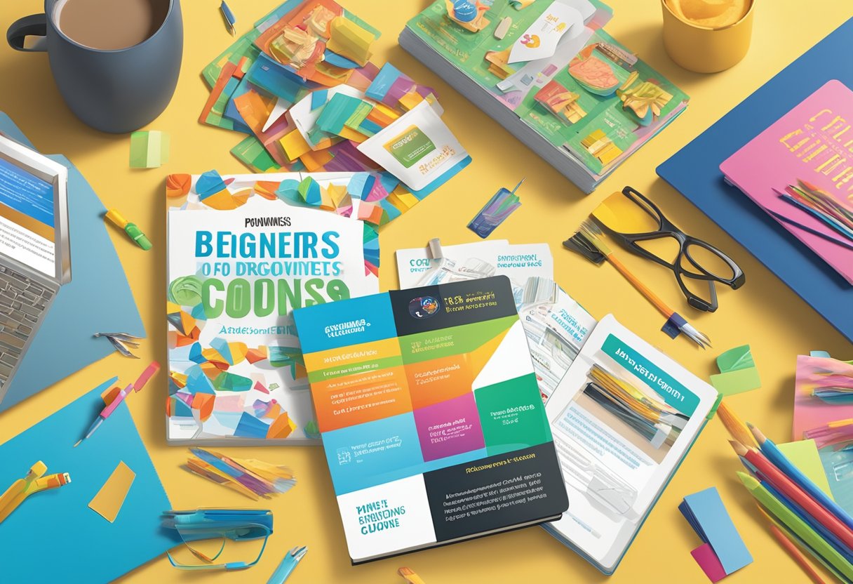 A vibrant display of colorful promotional materials and incentives, such as discount coupons, gift cards, and product samples, arranged on a table with a bold "Beginners Guide to Direct Response Advertising" book prominently placed in the center