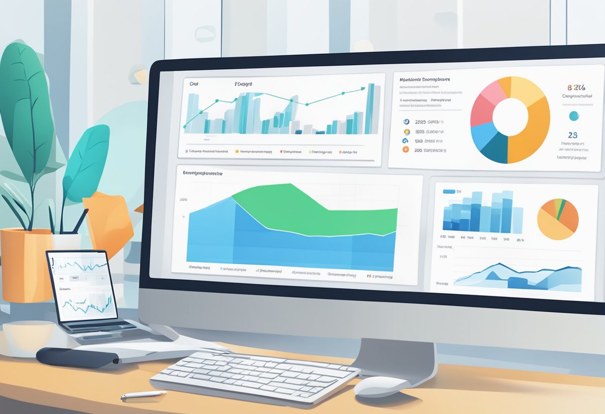 A computer screen displays various analytics tools tracking digital marketing performance. Graphs, charts, and data visualizations provide insights into marketing technology investment