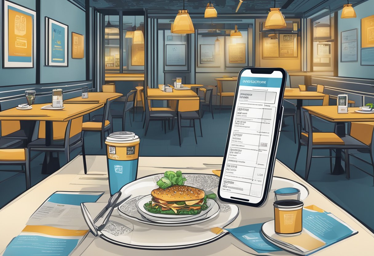 A restaurant table with a menu and promotional materials featuring QR codes, with customers using their smartphones to scan and access information