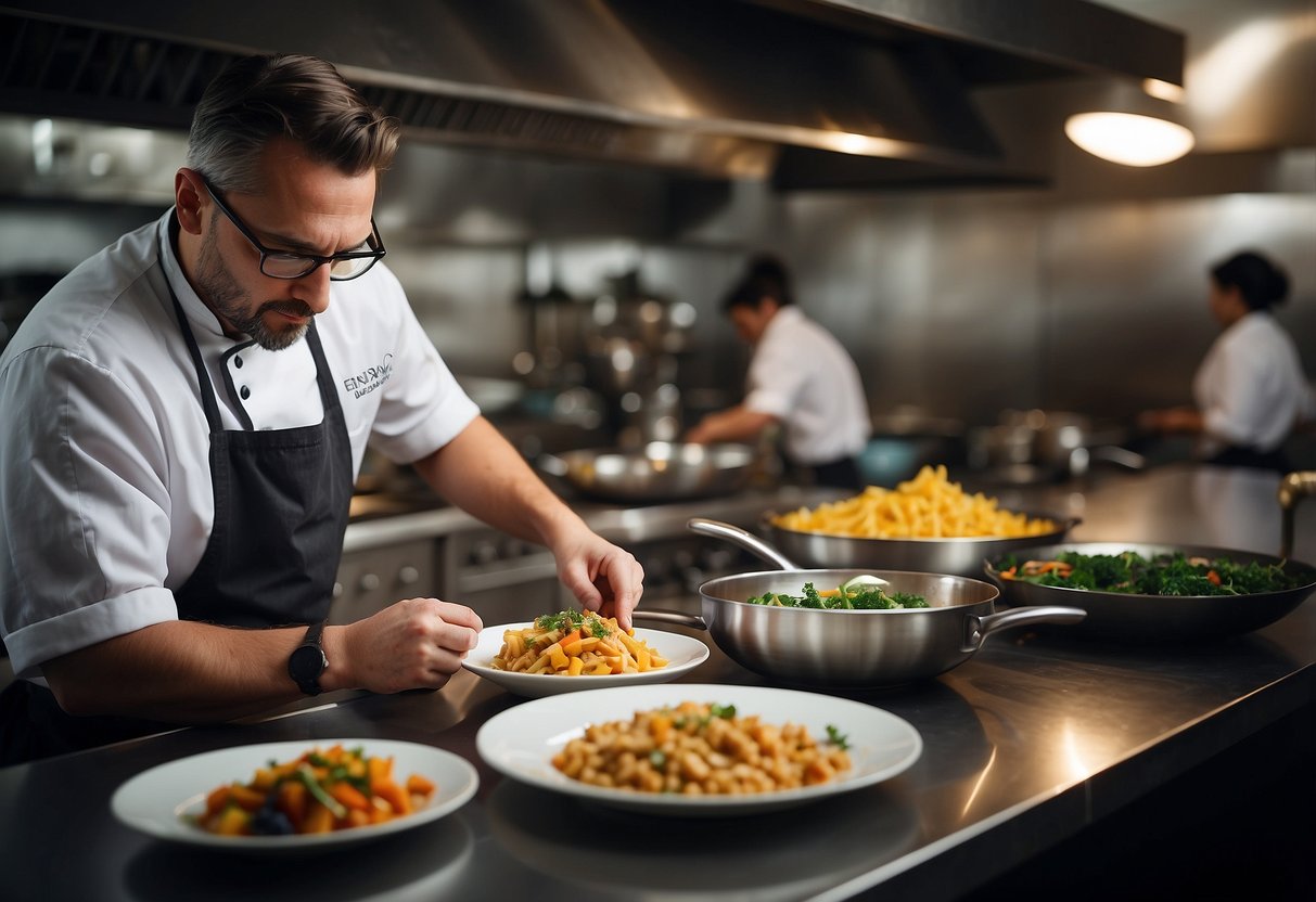 A chef preparing a visually appealing dish, surrounded by a bustling kitchen, while a social media manager analyzes engagement data