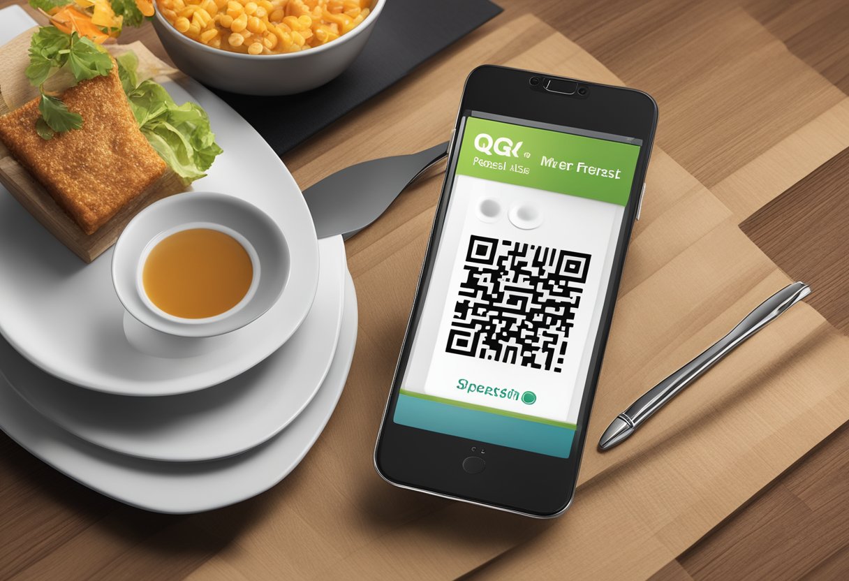 A restaurant table with a QR code menu displayed on a smartphone, alongside a promotional QR code for a special offer