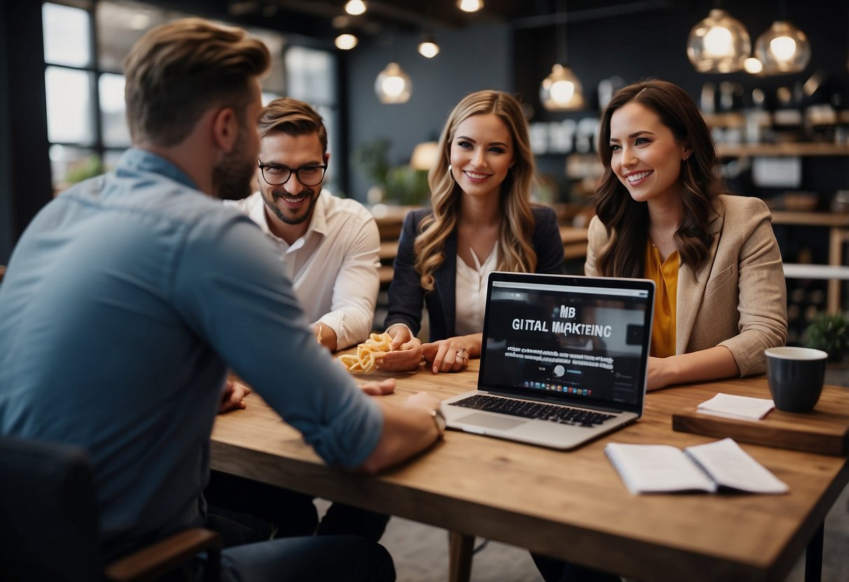 A digital marketing team strategizes for a new store opening using SEO and content marketing. Research, planning, and execution are key components